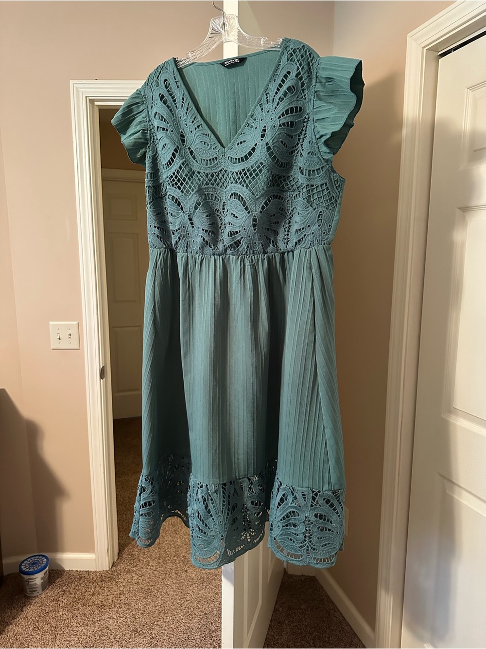 BloomChic Teal Lace Midi Dress with Flutter Sleeves
